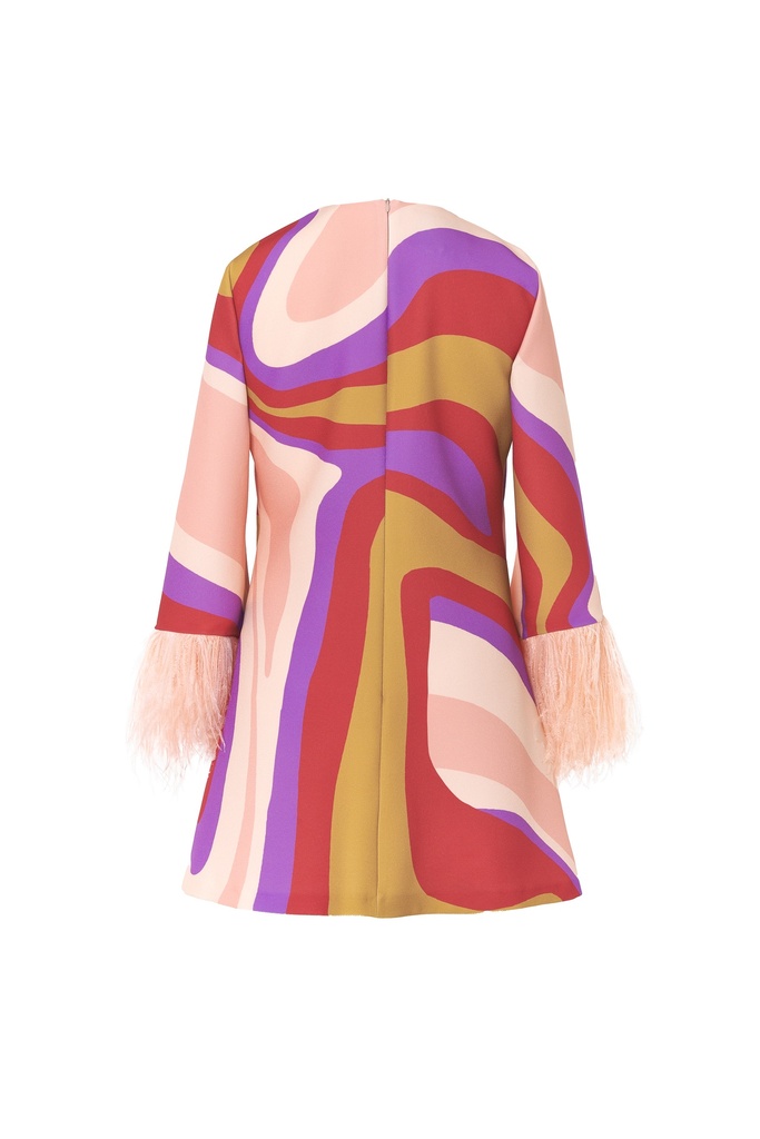 Vestido corto print ondas con plumas