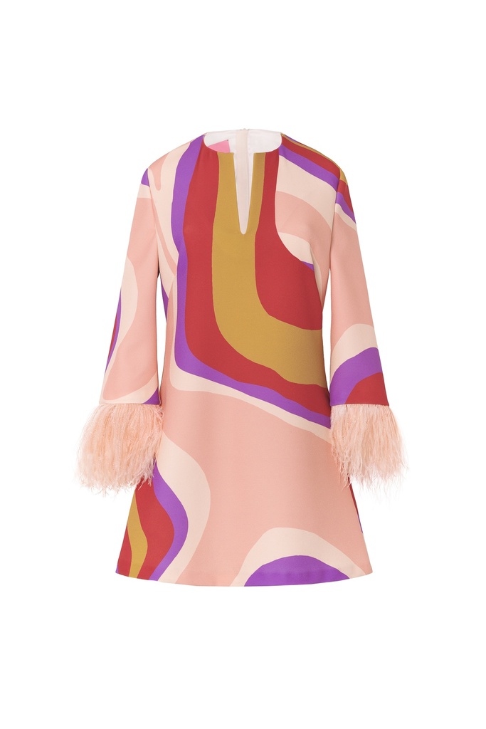 Vestido corto print ondas con plumas